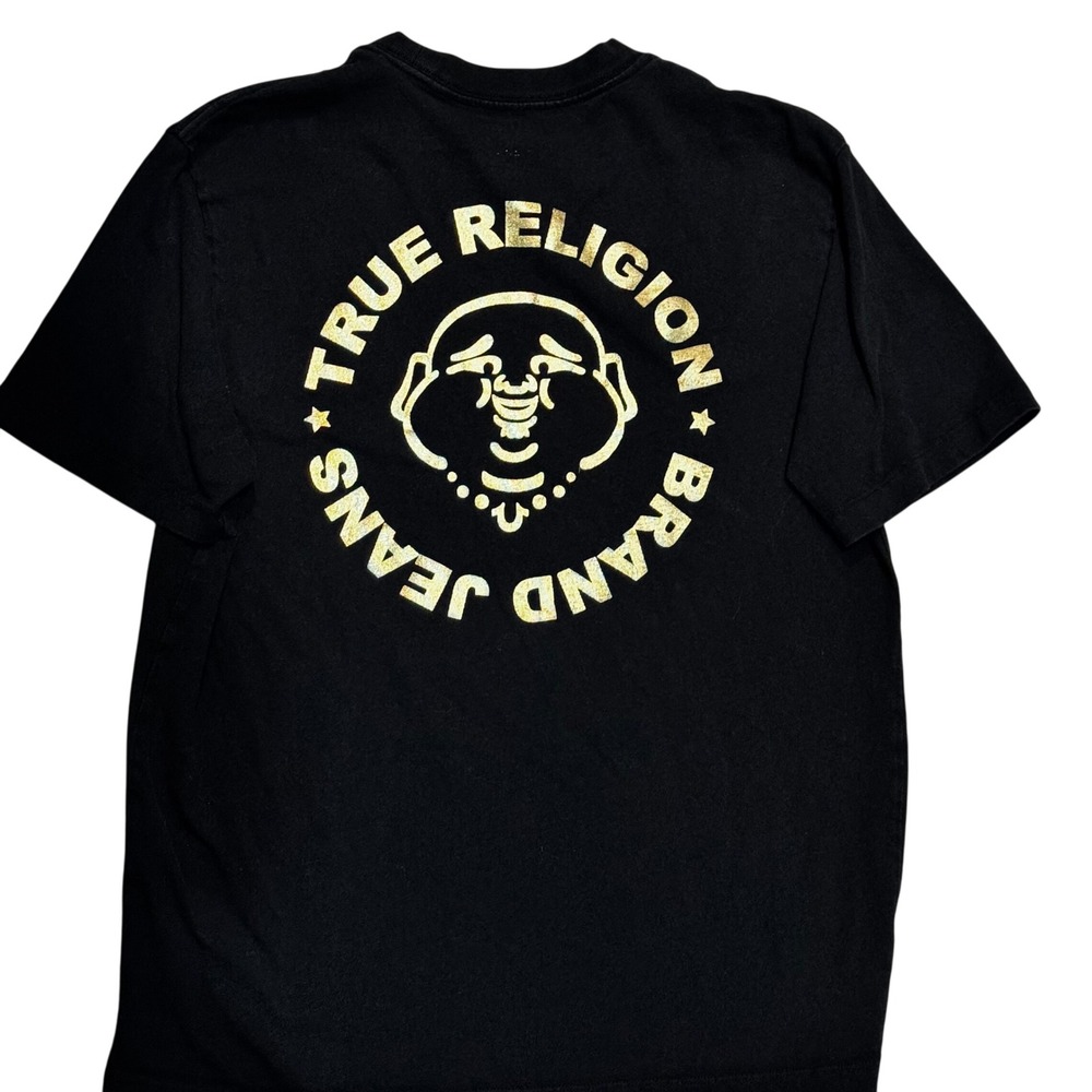 True Religion Brand Jeans Men's Black T-Shirt‎ Gold Buddha Logo Size Large